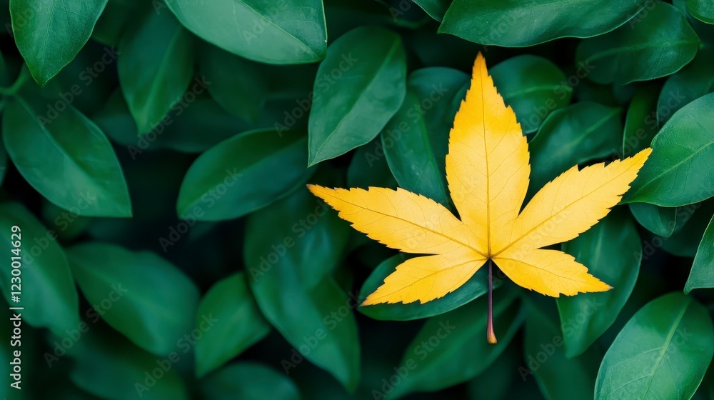 Obraz premium Vibrant Yellow Leaf Among Lush Green Foliage in Nature Scene