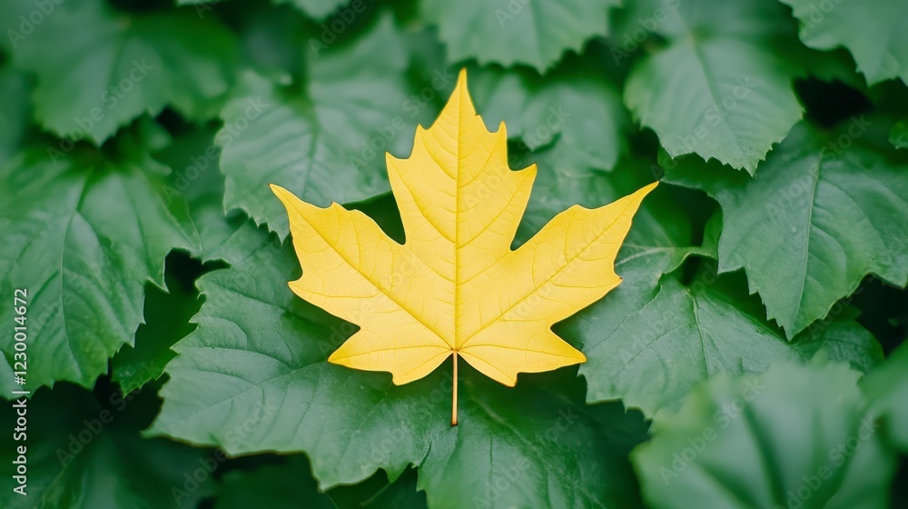 Bright Yellow Maple Leaf on a Fresh Green Leaf Background Bright Yellow Maple Leaf on a Fresh Green Leaf Background