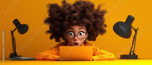 A surprised child with curly hair looks at a laptop, illuminated by desk lamps.