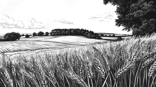 Black and White Sketch of a Serene Wheat Field Surrounded by Scenic Landscape Under a Cloudy Sky