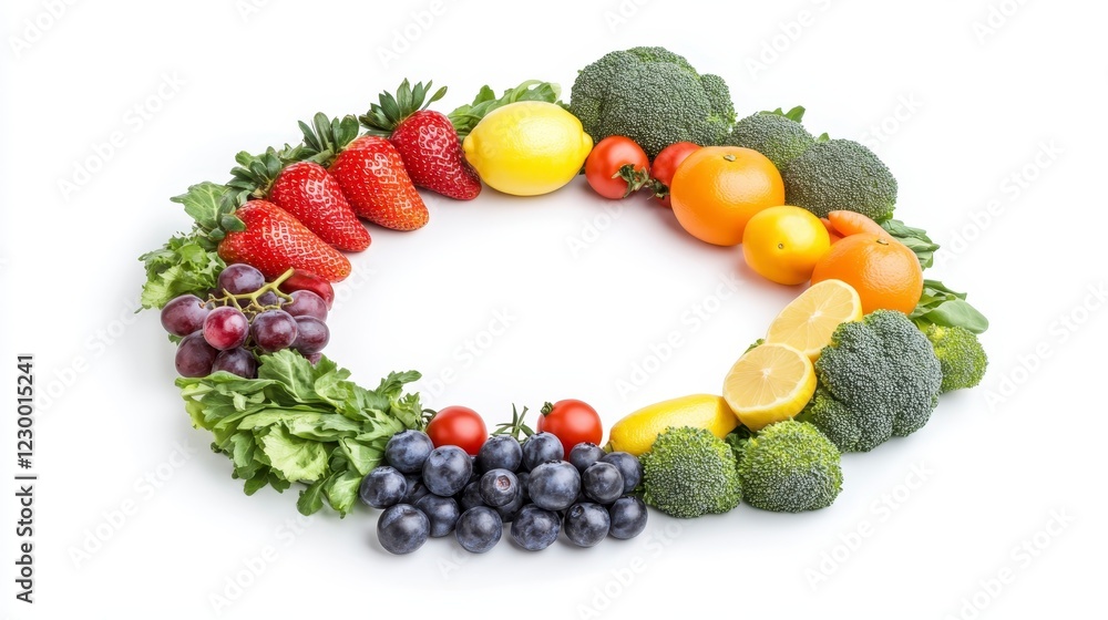 Colorful Arrangement of Fresh Fruits and Vegetables on White Background Colorful Arrangement of Fresh Fruits and Vegetables on White Background