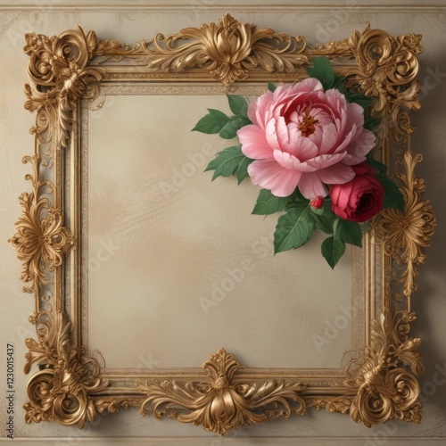 Wallpaper Mural Floral filigree border with rose peony flower on ornate frame in Baroque style with scroll and leaf details , scroll, vintage, design Torontodigital.ca