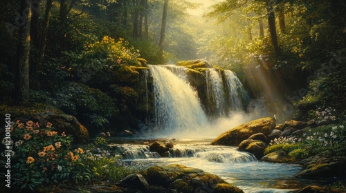 Sunlit Waterfall in Lush Forest, Tranquil Nature Scene, Background Serenity, Perfect for Relaxation