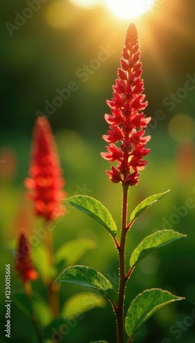 Knotweed Persicaria amplexicaulis firetail blooms in morning sunshine, persicaria, bright light photo