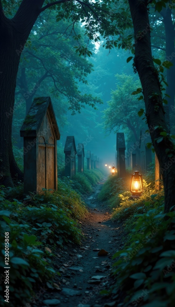 Lanterns illuminate crumbling headstones and overgrown vegetation, mystery, trees, lanterns Lanterns illuminate crumbling headstones and overgrown vegetation, mystery, trees, lanterns