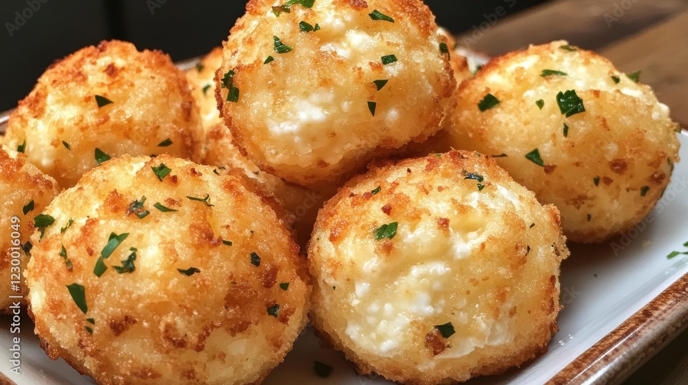 Fototapeta premium Crispy cheese balls served with fresh herbs on a plate in a cozy restaurant setting
