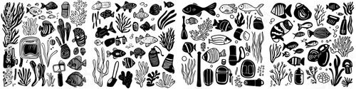 Underwater world teeming with diverse marine life and plants in a monochrome design showcasing creativity and ecological beauty