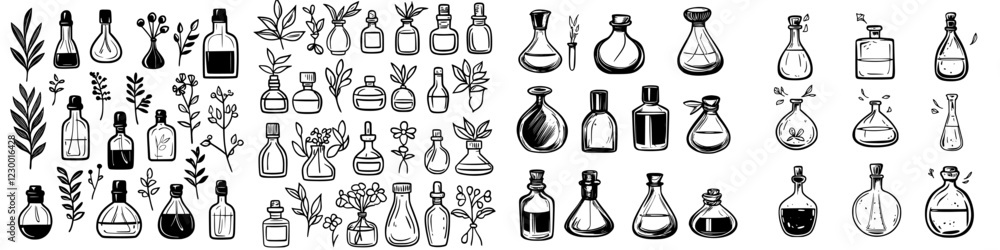 Illustration of various potion bottles and glass containers in a whimsical, botanical style showcasing different shapes and sizes Illustration of various potion bottles and glass containers in a whimsical, botanical style showcasing different shapes and sizes