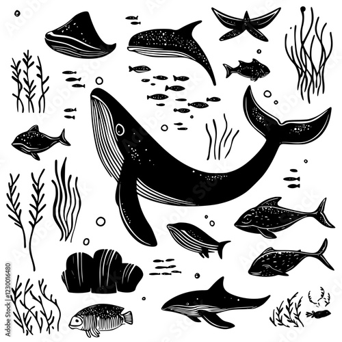 Creative underwater illustration featuring various sea creatures in black and white with vibrant ocean plants