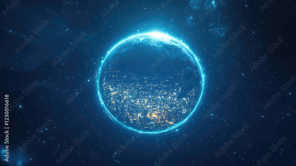Obraz premium Futuristic Cityscape with Glowing Earth and Digital Technology