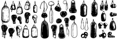 Collection of vintage boxing equipment including gloves and punching bags displayed on a white background