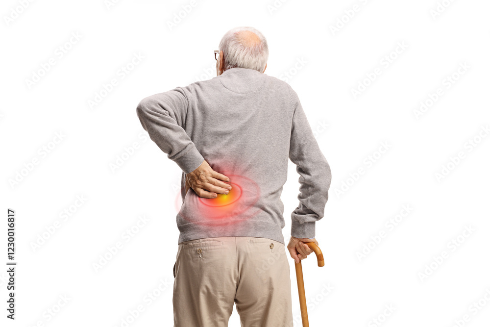 Rear view shot of a senior man in pain holding his lower back with red painful spot Rear view shot of a senior man in pain holding his lower back with red painful spot