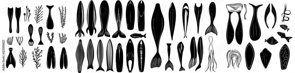 Hand-drawn collection of ocean creatures showcasing diverse types of fish, plants, and marine life in a minimalist style Hand-drawn collection of ocean creatures showcasing diverse types of fish, plants, and marine life in a minimalist style