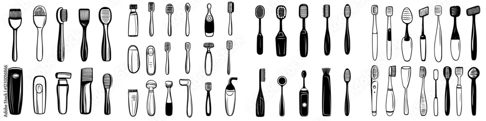 Collection of various toothbrush designs from modern to classic styles showcasing innovative features and unique shapes Collection of various toothbrush designs from modern to classic styles showcasing innovative features and unique shapes