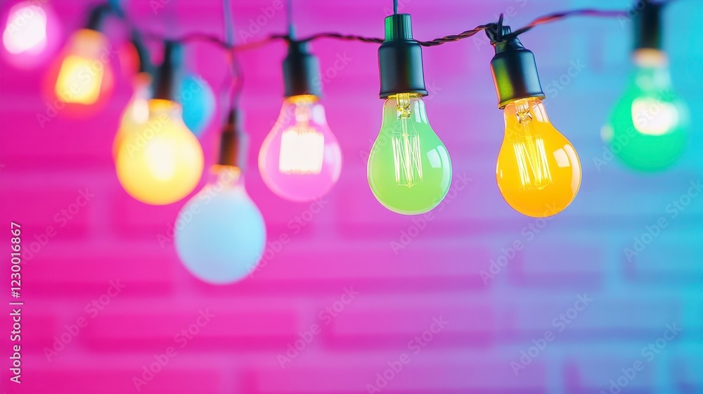 Colorful Light Bulbs Hanging on String with Vibrant Background Colorful Light Bulbs Hanging on String with Vibrant Background