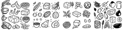 Various hand-drawn illustrations of ingredients and food items on a white background showcasing diverse culinary elements