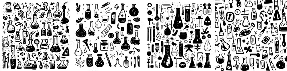 Collection of laboratory equipment illustrations featuring flasks, beakers, and scientific tools in a black and white design Collection of laboratory equipment illustrations featuring flasks, beakers, and scientific tools in a black and white design