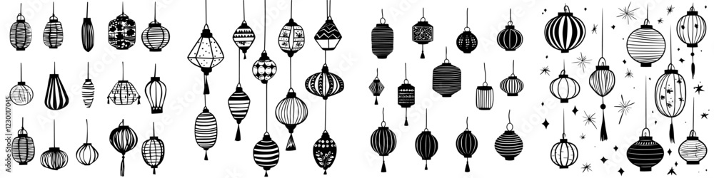 Artistic display of hanging lanterns creating a captivating atmosphere in a festive setting Artistic display of hanging lanterns creating a captivating atmosphere in a festive setting