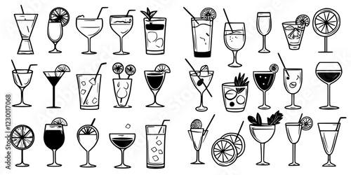 Variety of cocktails displayed in a minimalist style showcasing vibrant mixed drinks and garnishes