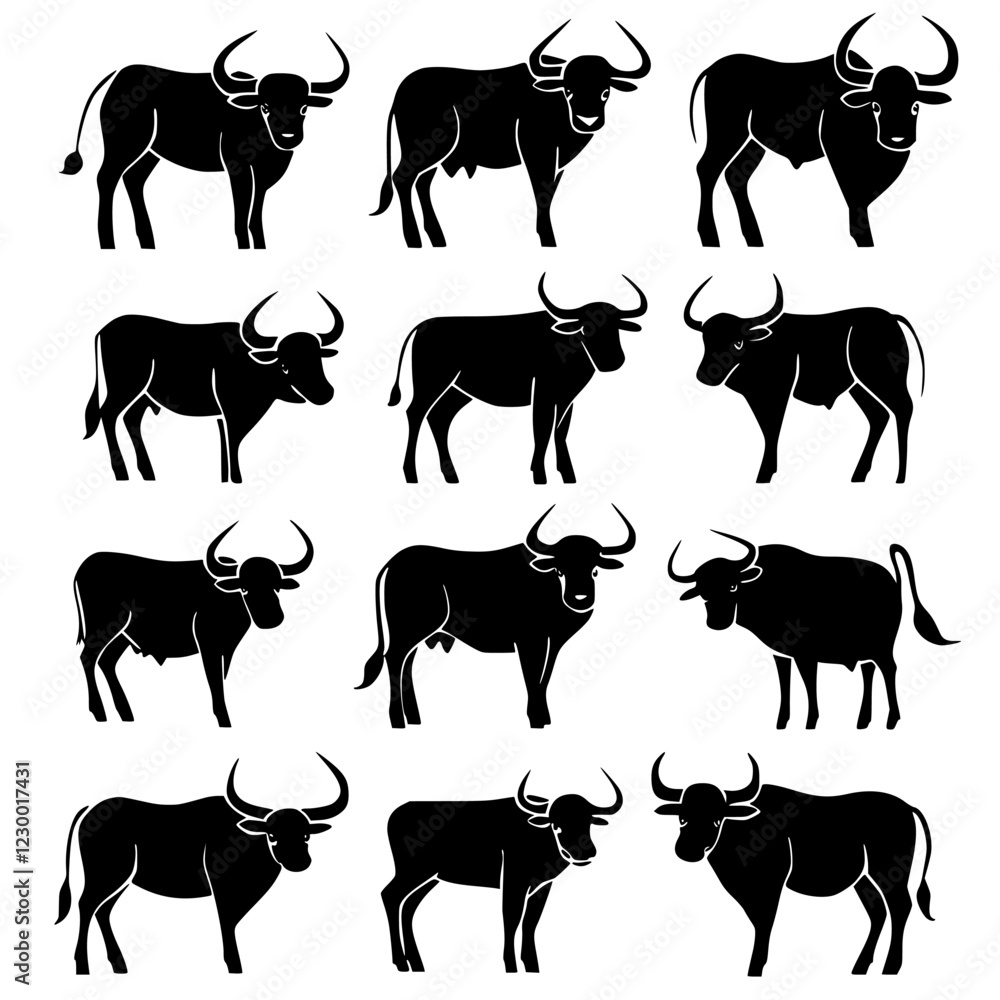 Unique collection of silhouettes showcasing varied bull poses for artistic design inspiration Unique collection of silhouettes showcasing varied bull poses for artistic design inspiration