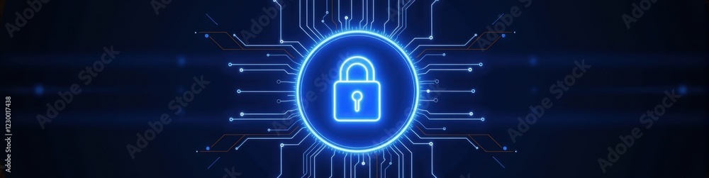 Neon padlock glowing at center with circuit patterns on dark blue background, futuristic security concept. Futuristic Technology LinkedIn Banner Neon padlock glowing at center with circuit patterns on dark blue background, futuristic security concept. Futuristic Technology LinkedIn Banner