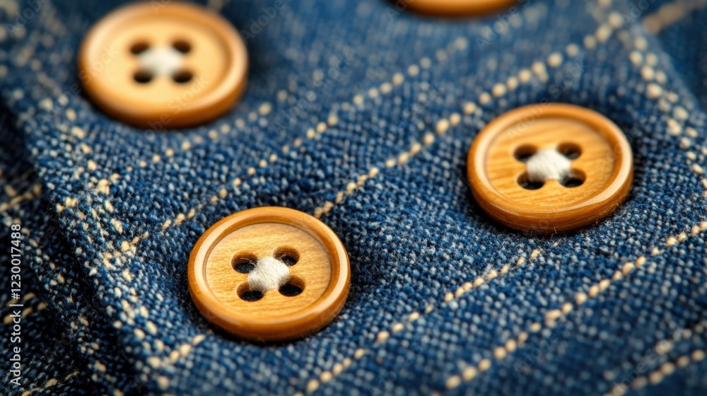 Close Up of Wooden Buttons on Blue Denim Fabric with Stitching Detail Close Up of Wooden Buttons on Blue Denim Fabric with Stitching Detail