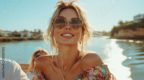 A young woman with blonde hair wearing sunglasses smiles and looks at the camera while on a boat.
