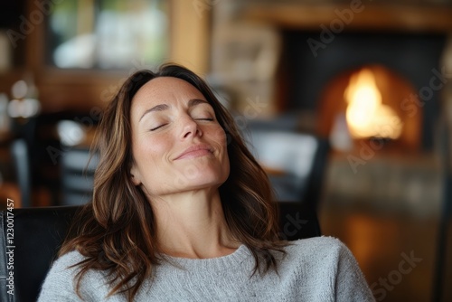 A serene woman takes a moment for herself, reclining in comfort near a lovely fireplace, representing the notion of taking time to relax and enjoy life's quiet moments. photo