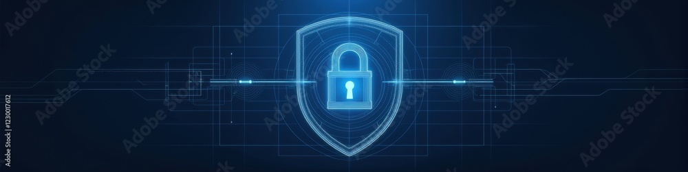 Blueprint-like schematic of a lock and shield design with white lines on a navy gradient background, professional cyber security concept. Futuristic Technology LinkedIn Banner Blueprint-like schematic of a lock and shield design with white lines on a navy gradient background, professional cyber security concept. Futuristic Technology LinkedIn Banner