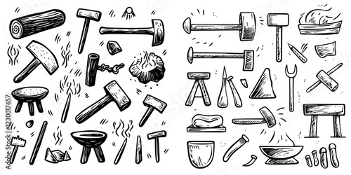 Collection of blacksmithing tools and equipment for creating metalwork and sculptures in a workshop environment