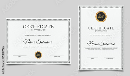 Certificate of appreciation template design. Minimalist certificate border with gold badge and lines pattern. Diploma award layout vector
