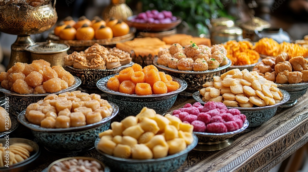Colorful display of traditional sweets at a vibrant market during a festive celebration in the afternoon sun Colorful display of traditional sweets at a vibrant market during a festive celebration in the afternoon sun