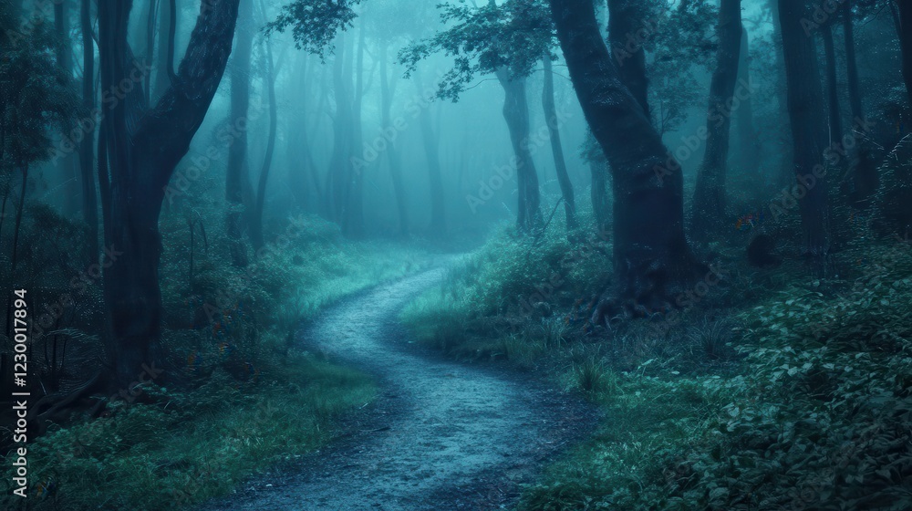 Fototapeta premium Enchanting Foggy Forest Path Leads into Mystical Woodland Depths
