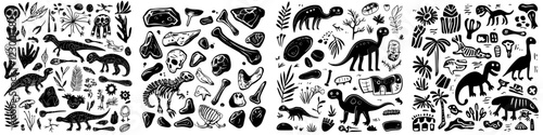 Collection of dinosaur-themed illustrations featuring plants, fossils, and prehistoric creatures in a black and white design