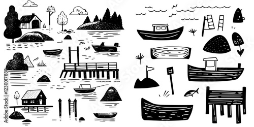 Creative collage showcasing boats, lakes, and nature with a simplistic black and white aesthetic for a futuristic vibe