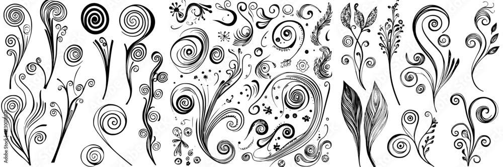 Decorative black and white floral patterns with swirling designs showcasing stylized nature elements and intricate designs Decorative black and white floral patterns with swirling designs showcasing stylized nature elements and intricate designs
