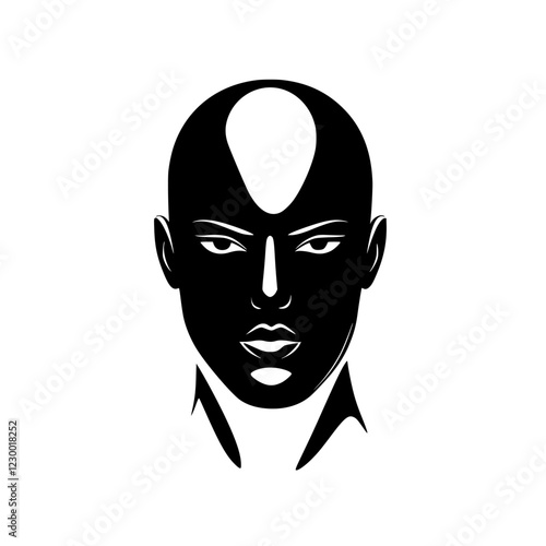 Futuristic black and white portrait featuring a stylized human face with a smooth, bald head and intense gaze set against a minimalist background