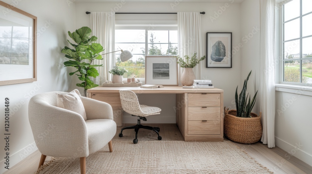 Stylish and Minimalist Home Office with Natural Light and Greenery Stylish and Minimalist Home Office with Natural Light and Greenery