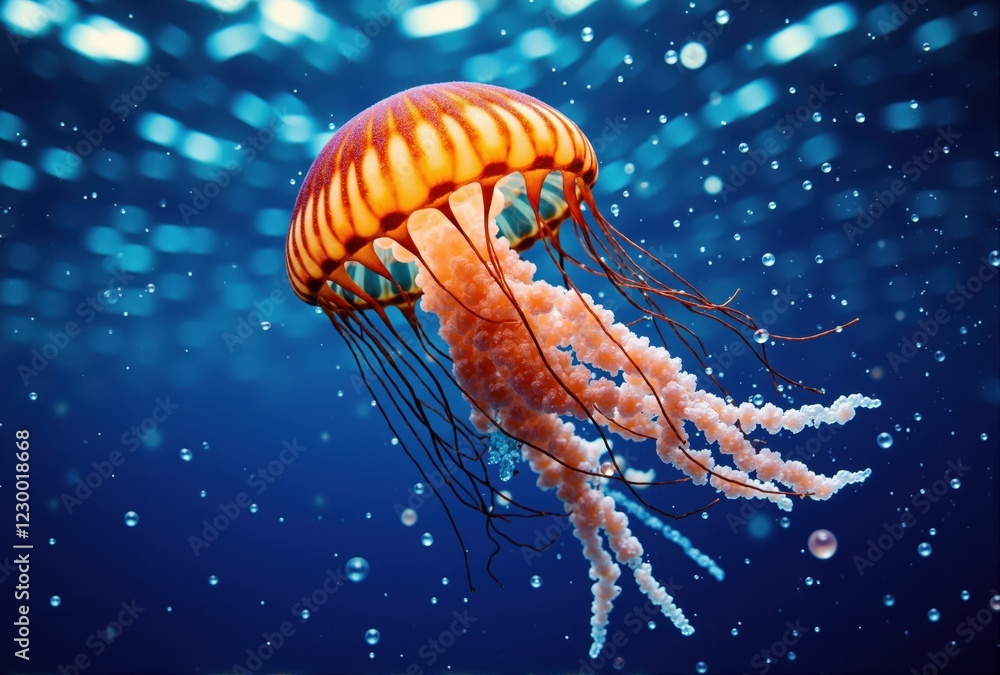 Orange and Pink Jellyfish in Blue Water Orange and Pink Jellyfish in Blue Water