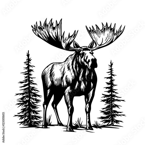 Majestic moose standing among tall pine trees in a tranquil forest setting during daylight hours