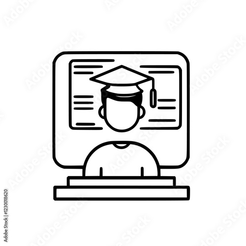 Student engaged in online learning with a graduation cap in a futuristic educational environment