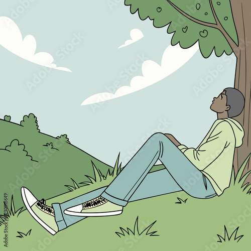 Person Sitting On The Grass looking relaxed against a tree