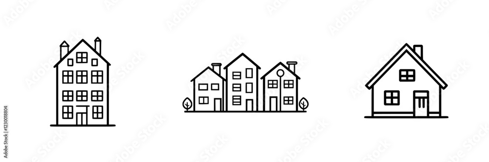 Illustration of three distinct house designs showcasing modern architecture styles in a minimalist format Illustration of three distinct house designs showcasing modern architecture styles in a minimalist format