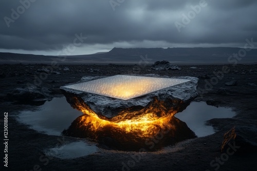 A moody scene of a lone solar panel glowing faintly in a desolate, shadowy landscape, symbolizing hope and renewal in darkness photo