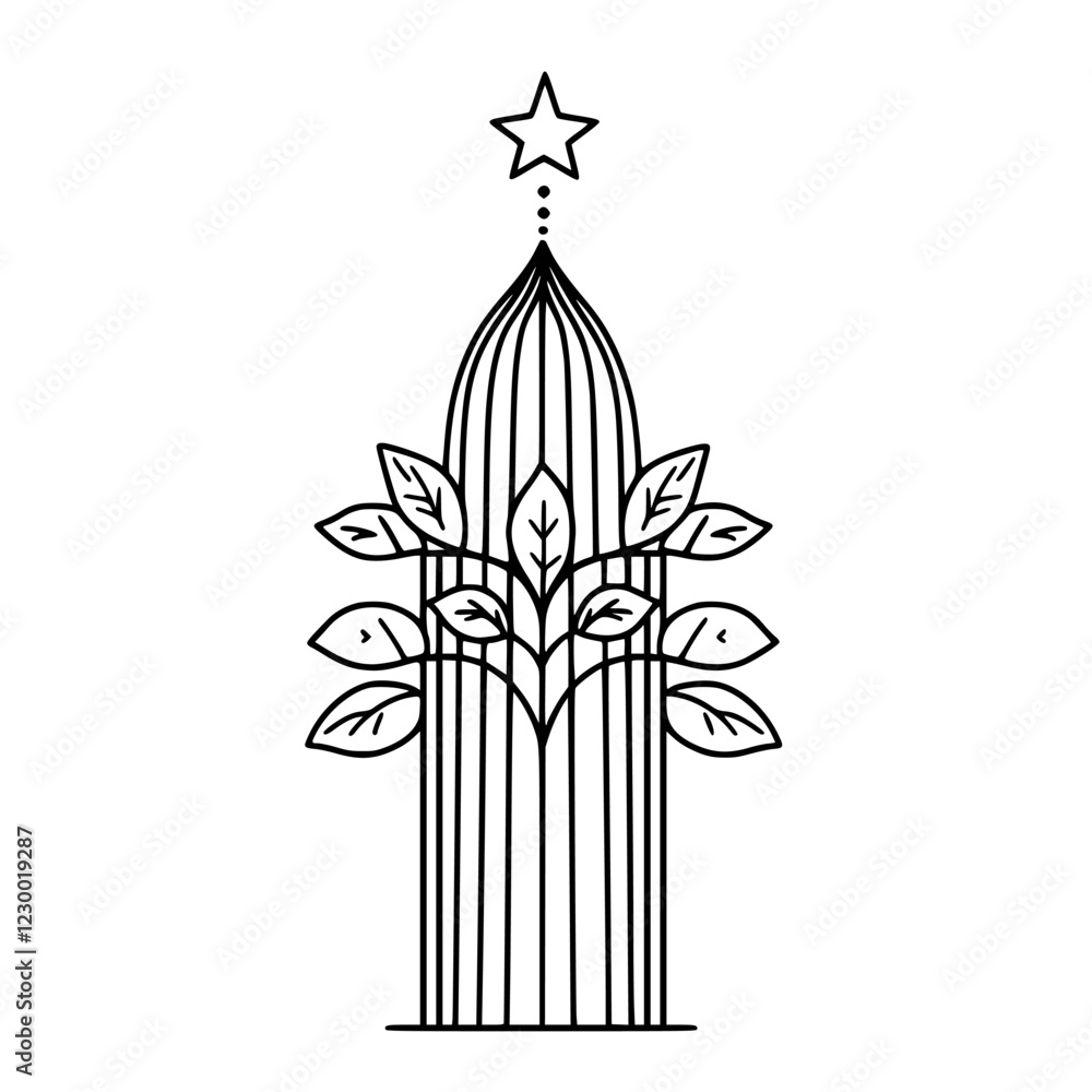 Futuristic tower adorned with leaves and a star, representing growth and modernity in a minimalist design Futuristic tower adorned with leaves and a star, representing growth and modernity in a minimalist design