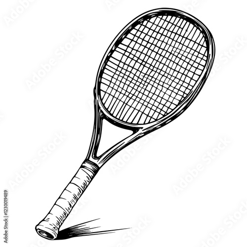 Tennis racket illustrated with intricate details and dynamic shading for visual impact