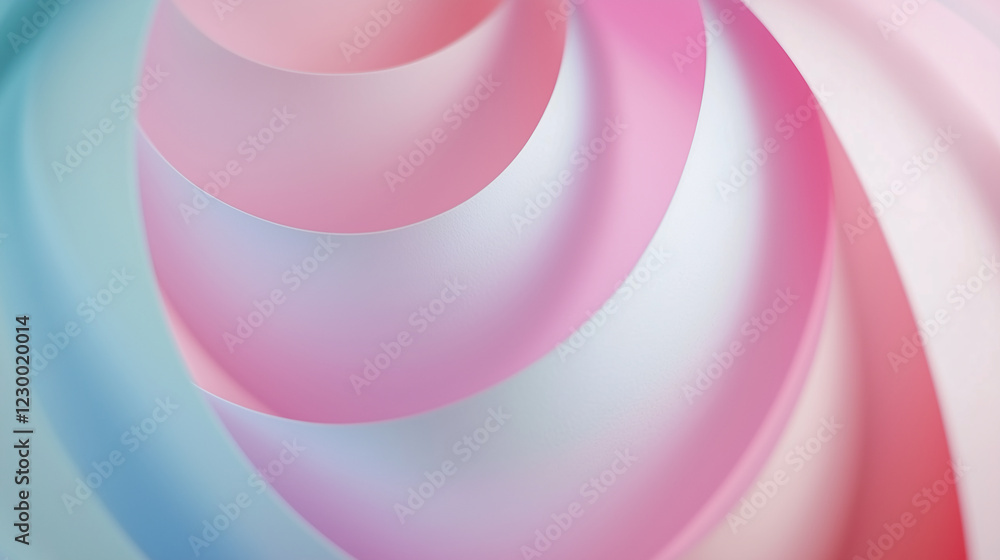 Obraz premium A close-up of abstract pastel-colored paper swirls, featuring soft gradients of pink, blue, and white in a delicate composition.