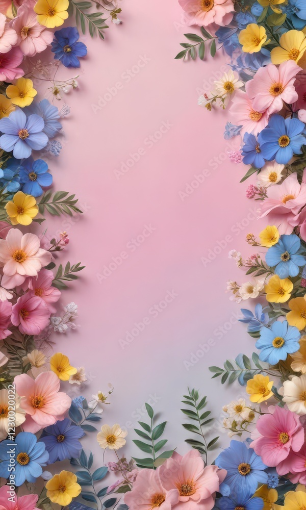 Fototapeta premium Soft pink blue yellow gradient background with scattered flowers and leaves, fuzzy, background, gradient