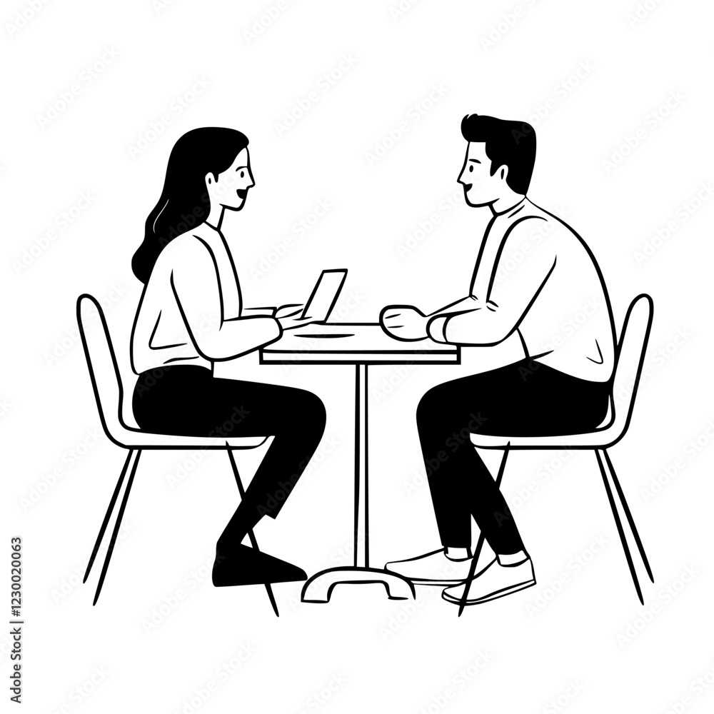 Discussion between two people at a modern cafe with a laptop and a friendly atmosphere Discussion between two people at a modern cafe with a laptop and a friendly atmosphere