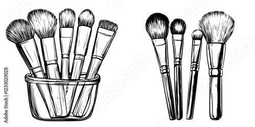 Collection of assorted makeup brushes artistically arranged in various styles and sizes on a white background